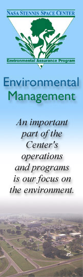 picture of Environmental Assurance Program logo with aerial view of Stennis space center and text within box reading - Environmental Office - An important part of the Center's operations and programs is our focus on the environment